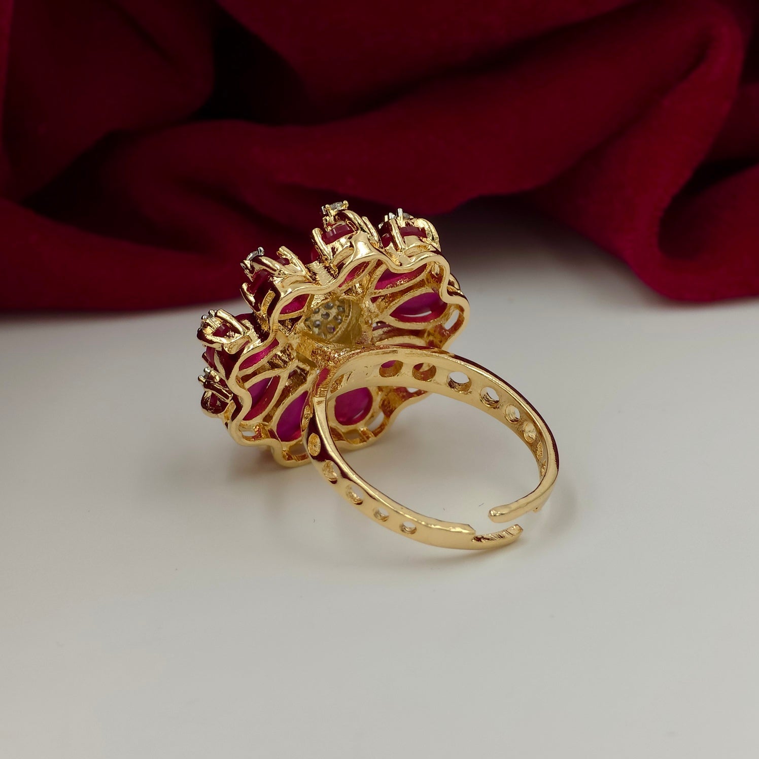 Rose Gold Floral CZ Statement Adjustable Ring