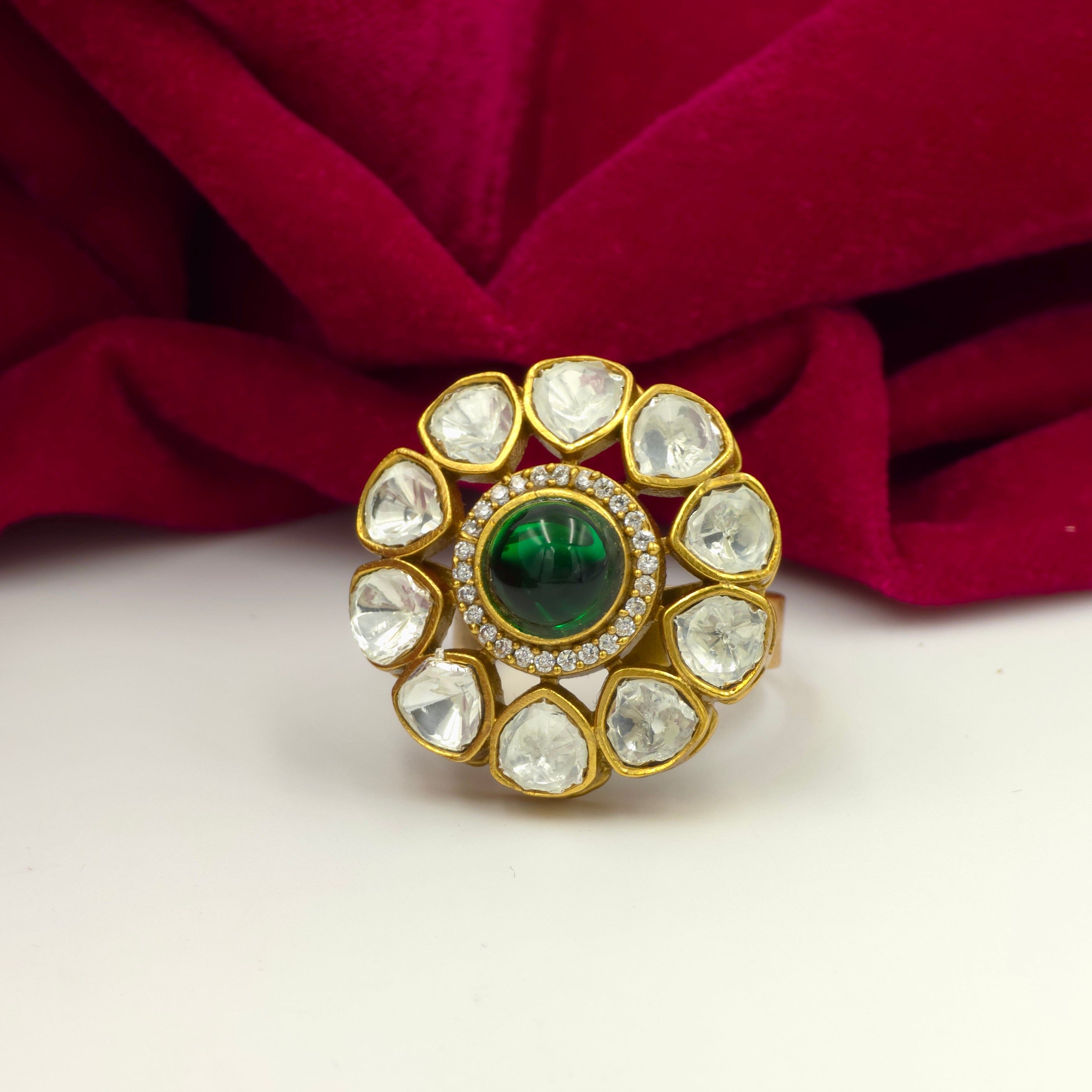 Emerald Green Kundan Floral Adjustable Ring