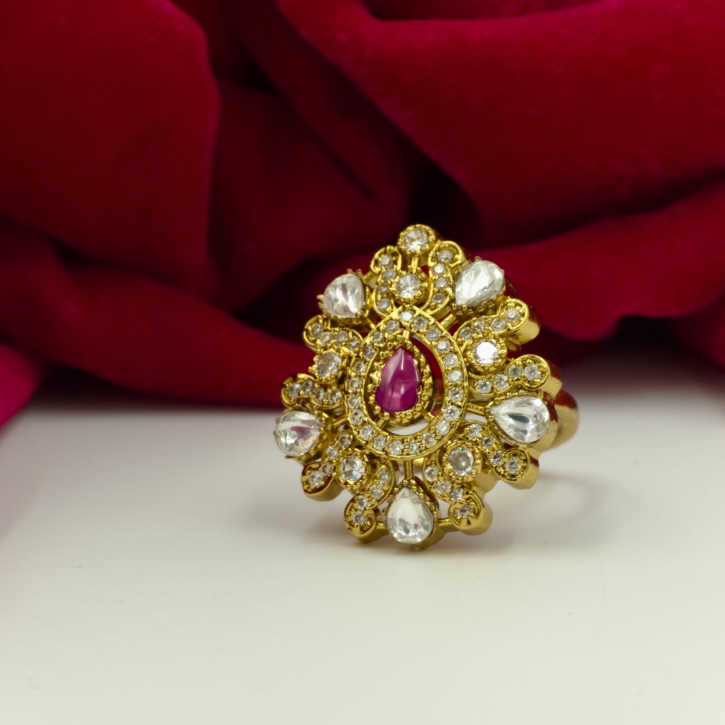 Ruby Kundan CZ Floral Adjustable Statement Ring