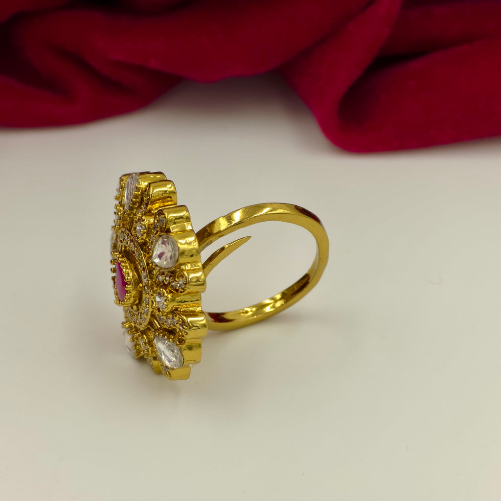 Ruby Kundan CZ Floral Adjustable Statement Ring