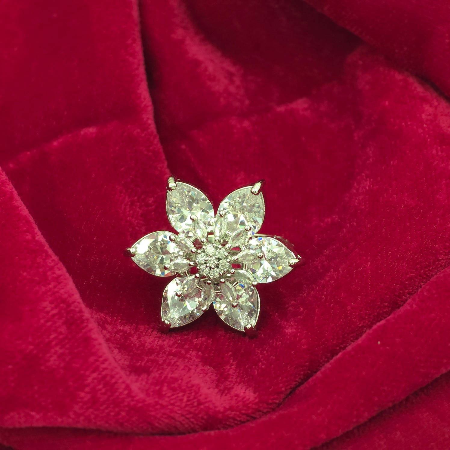 Silver Floral CZ Adjustable Statement Ring