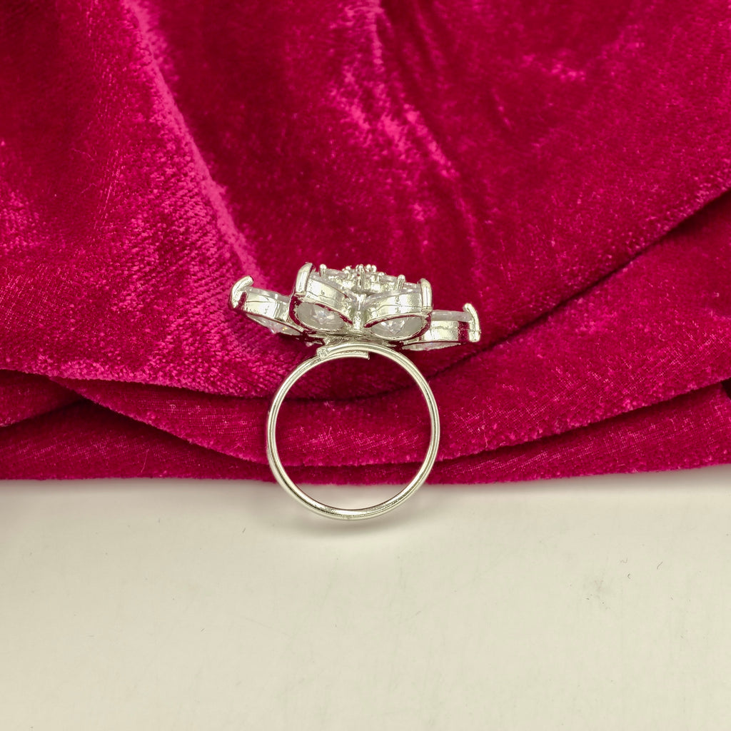 Silver Floral CZ Adjustable Statement Ring