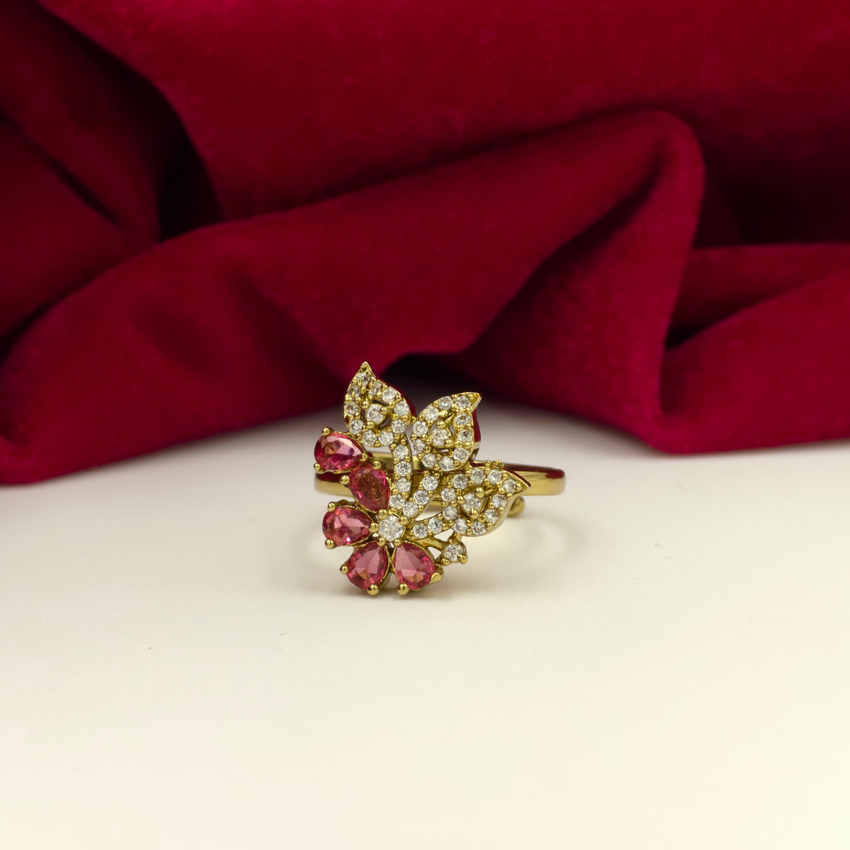 Floral Leaf CZ Adjustable Ring