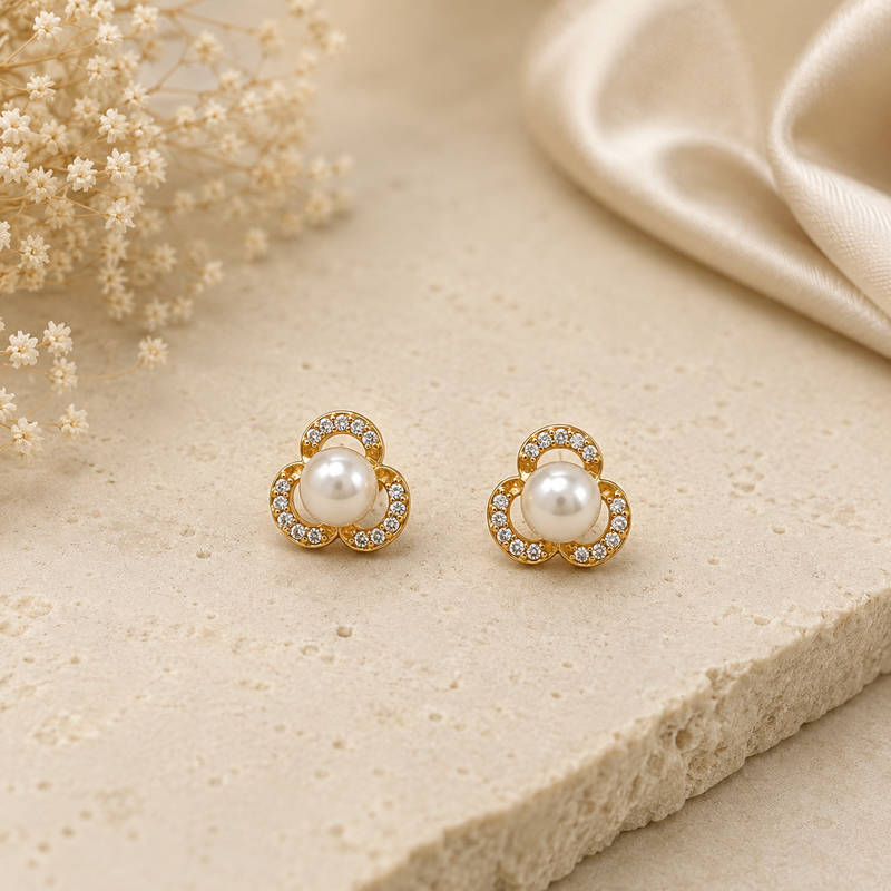 Pearl Clover CZ Stud Earrings – 925 Silver Polish