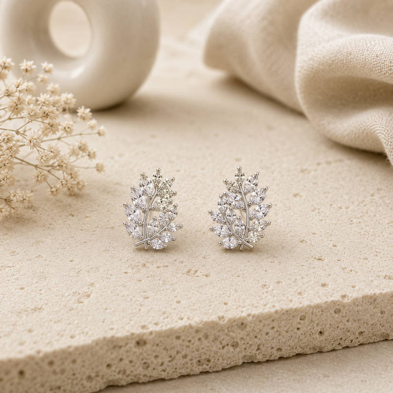 Crystal Leaf Stud Earrings – 925 Silver Polish