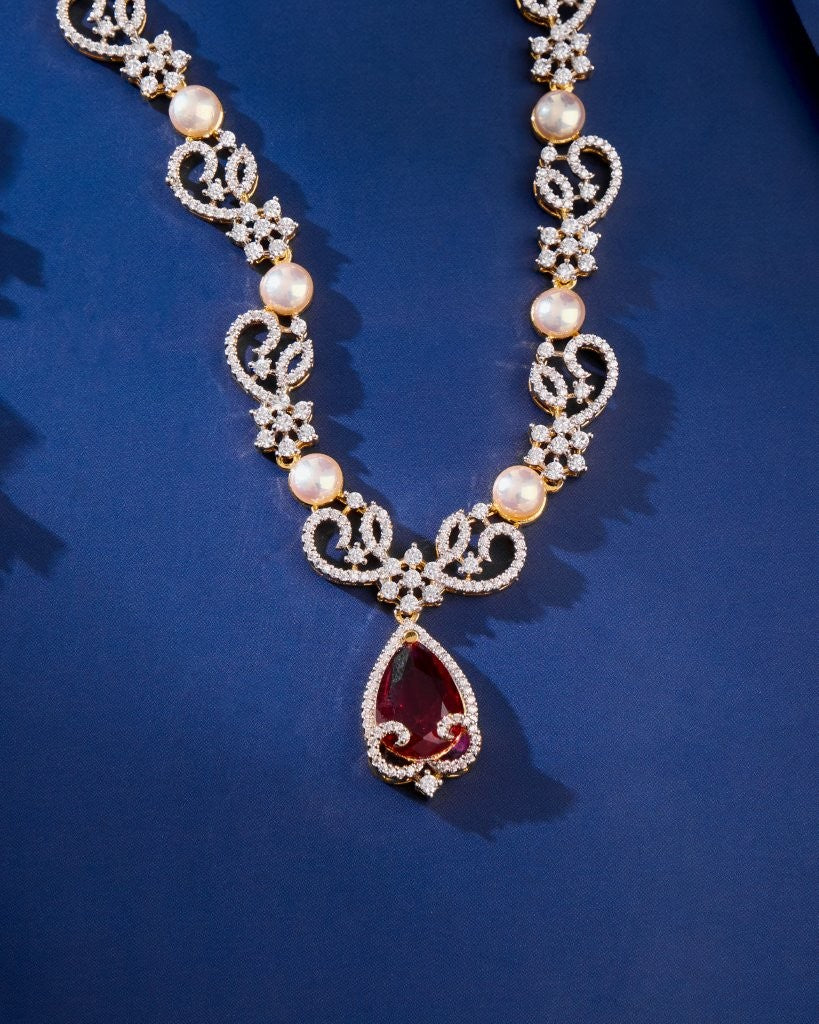 Ruby Pearl CZ Necklace Set