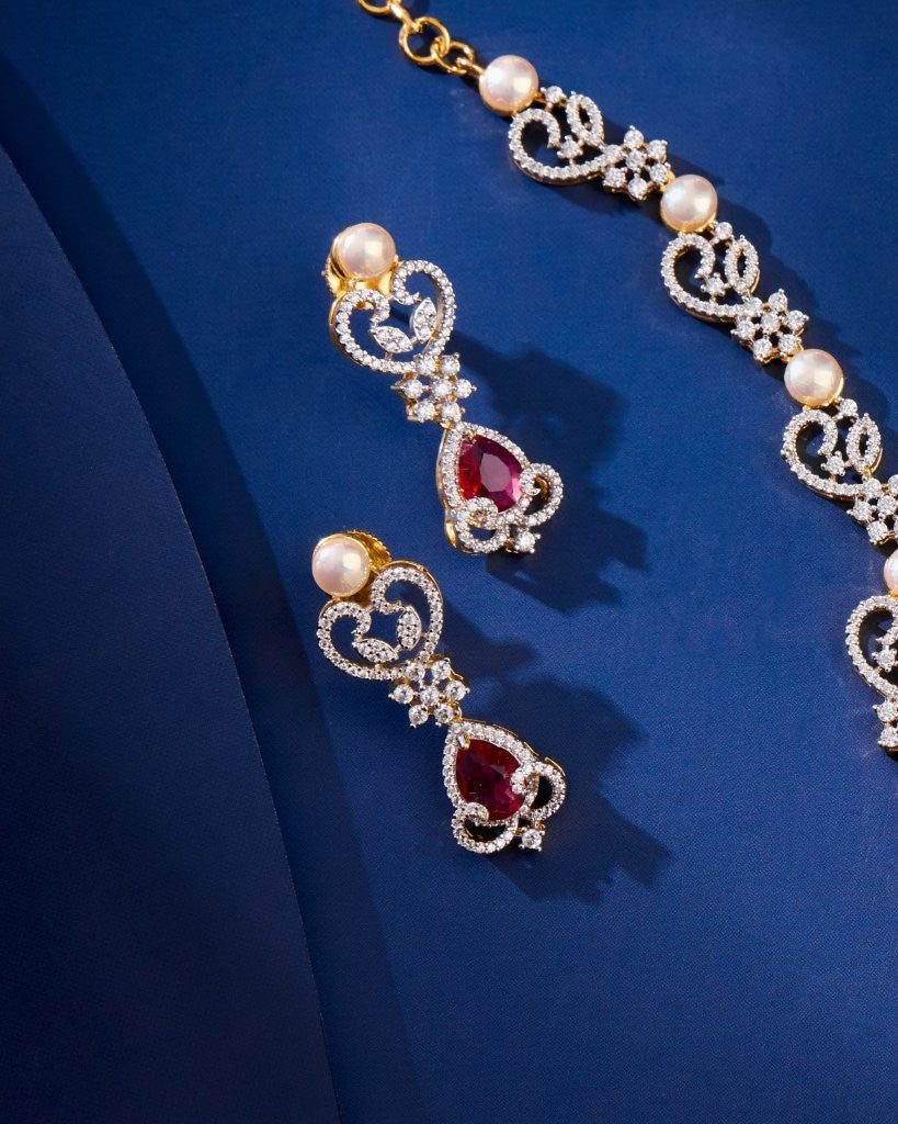 Ruby Pearl CZ Necklace Set