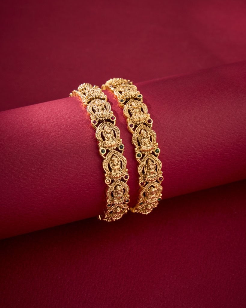 Antique Lakshmi Temple Bangles with Ruby & Green Stones