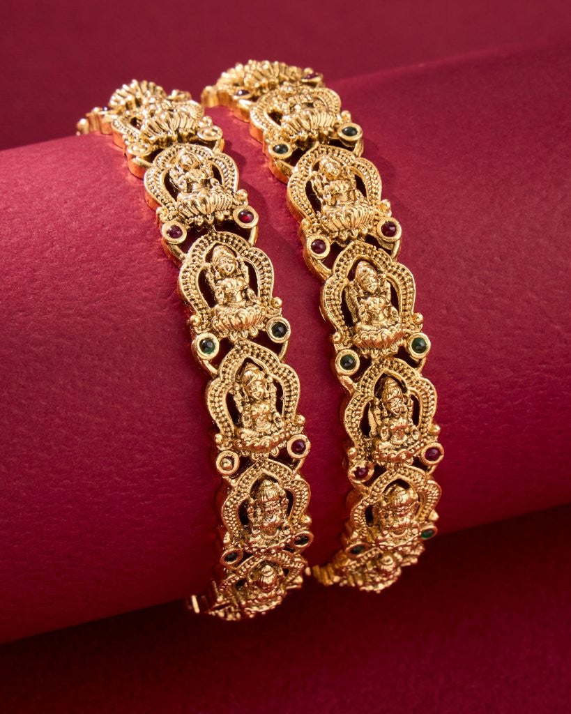 Antique Lakshmi Temple Bangles with Ruby & Green Stones