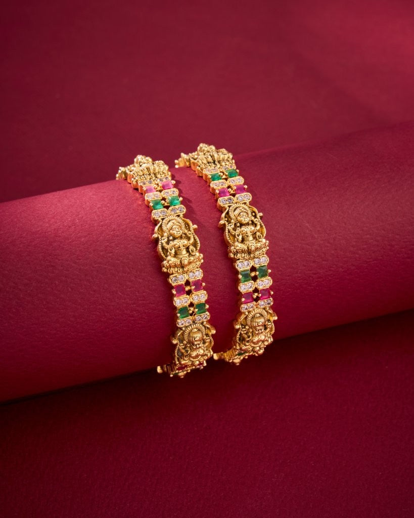 Antique Lakshmi Temple Bangles with Multicolor Stones