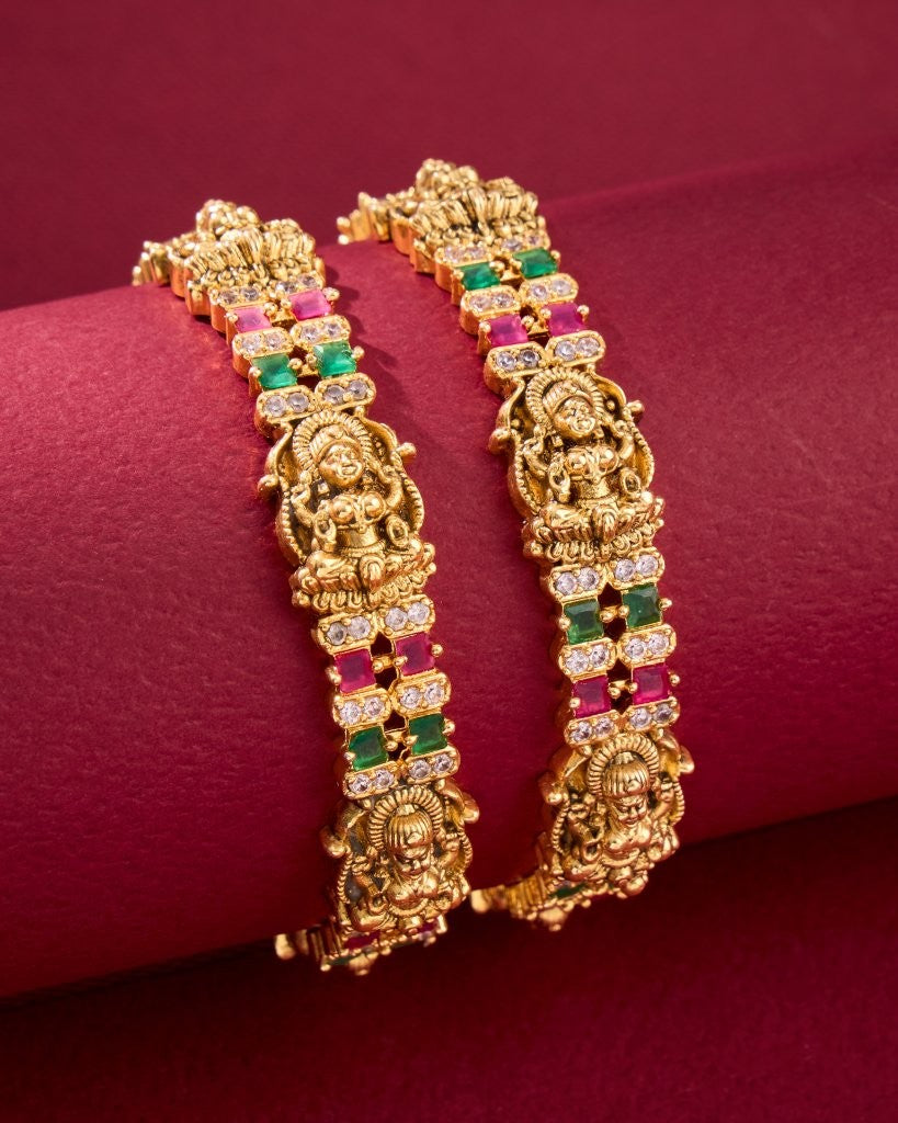 Antique Lakshmi Temple Bangles with Multicolor Stones