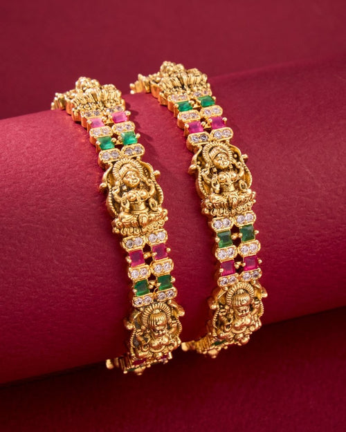 Antique Lakshmi Temple Bangles with Multicolor Stones