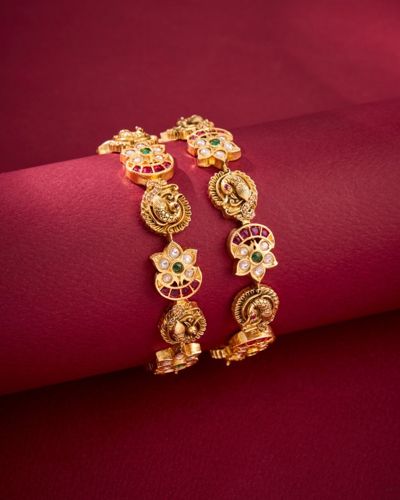 Antique Peacock Temple Bangles with Kemp & Green Stones