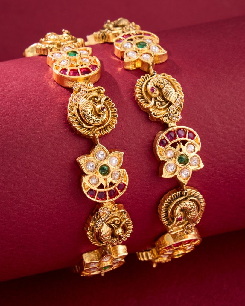 Antique Peacock Temple Bangles with Kemp & Green Stones