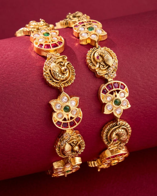 Antique Peacock Temple Bangles with Kemp & Green Stones