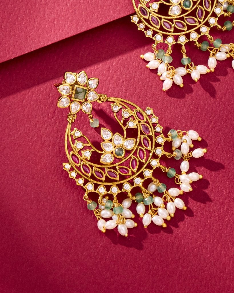 Floral Chandbali Pearl Drop Earrings