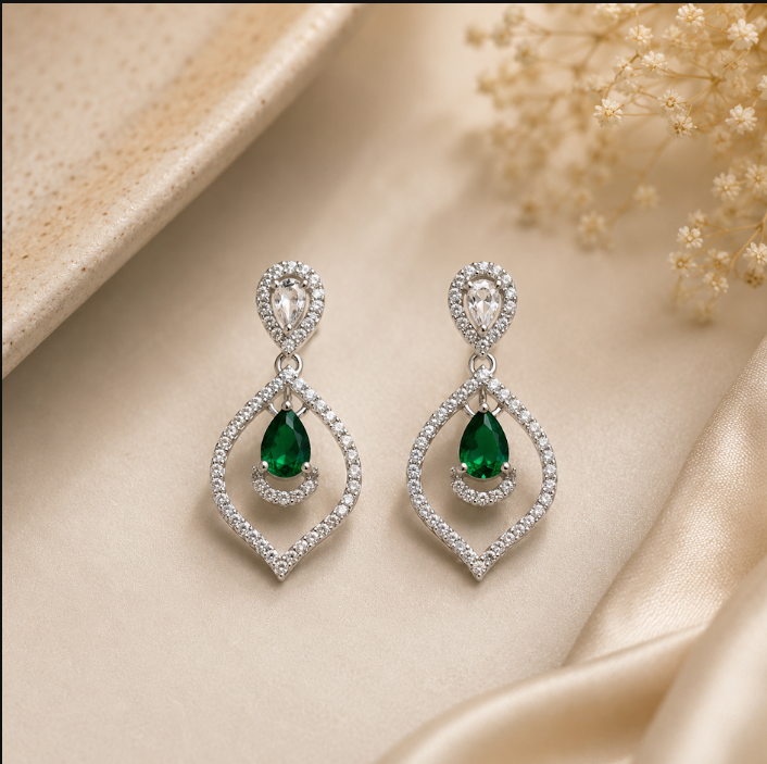 Elegant Teardrop CZ Dangle Earrings – Rhodium Plated